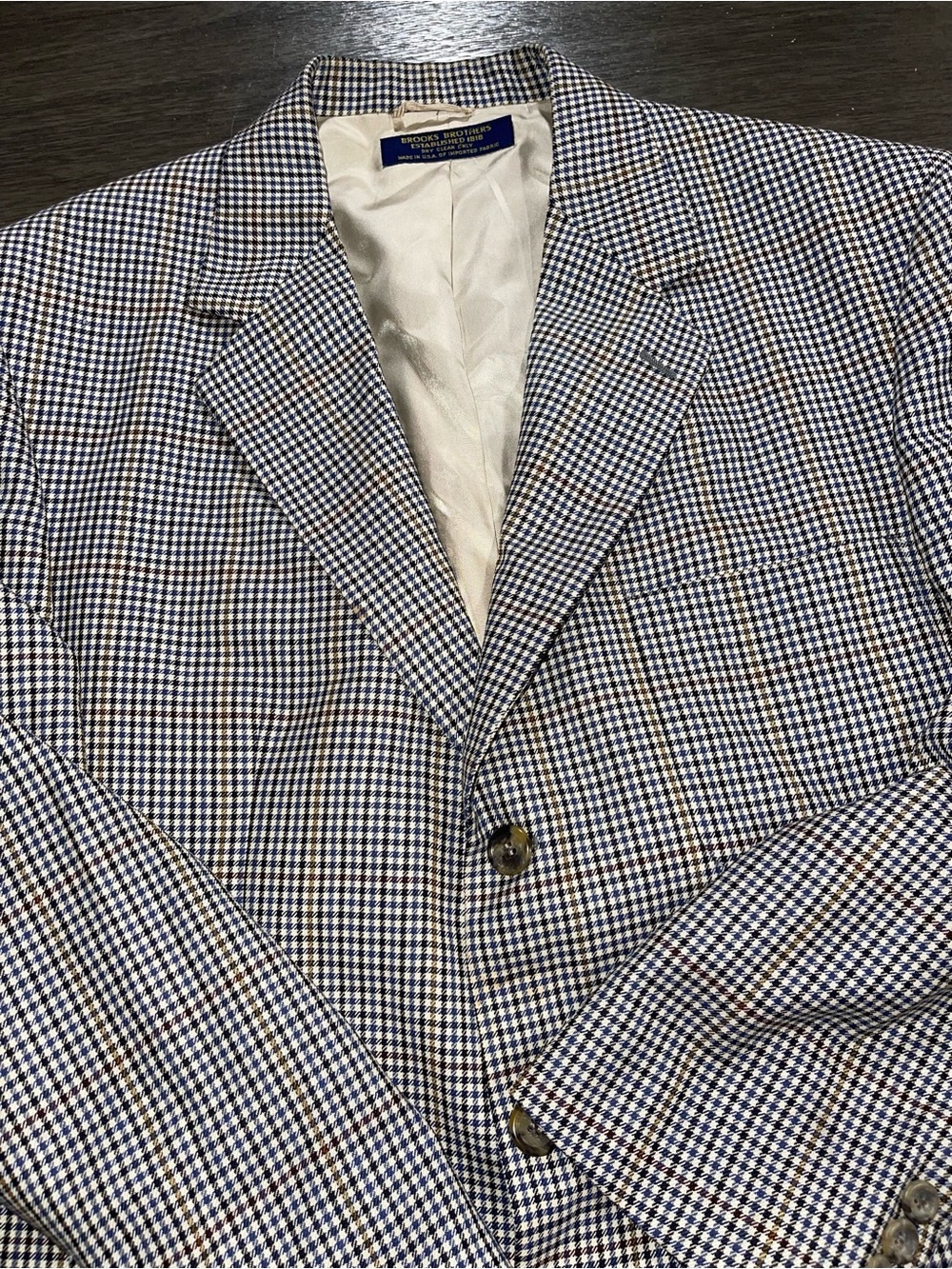 Vintage Brooks Brothers Men's Blue and Brown Houndstooth Blazer Union Made in US